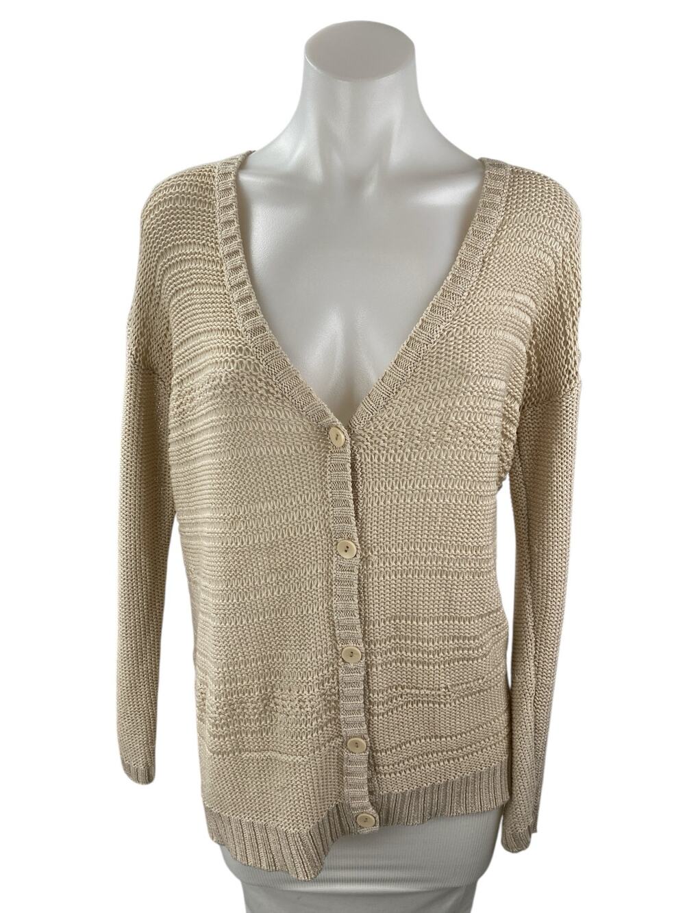 Rubbish Women's Beige Knit Long Sleeve V Neck Button Up Cardigan Sweater Top S